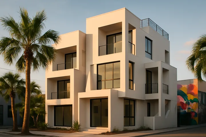 Wynwood Miami modern townhouse Airbnb exterior with mural visible